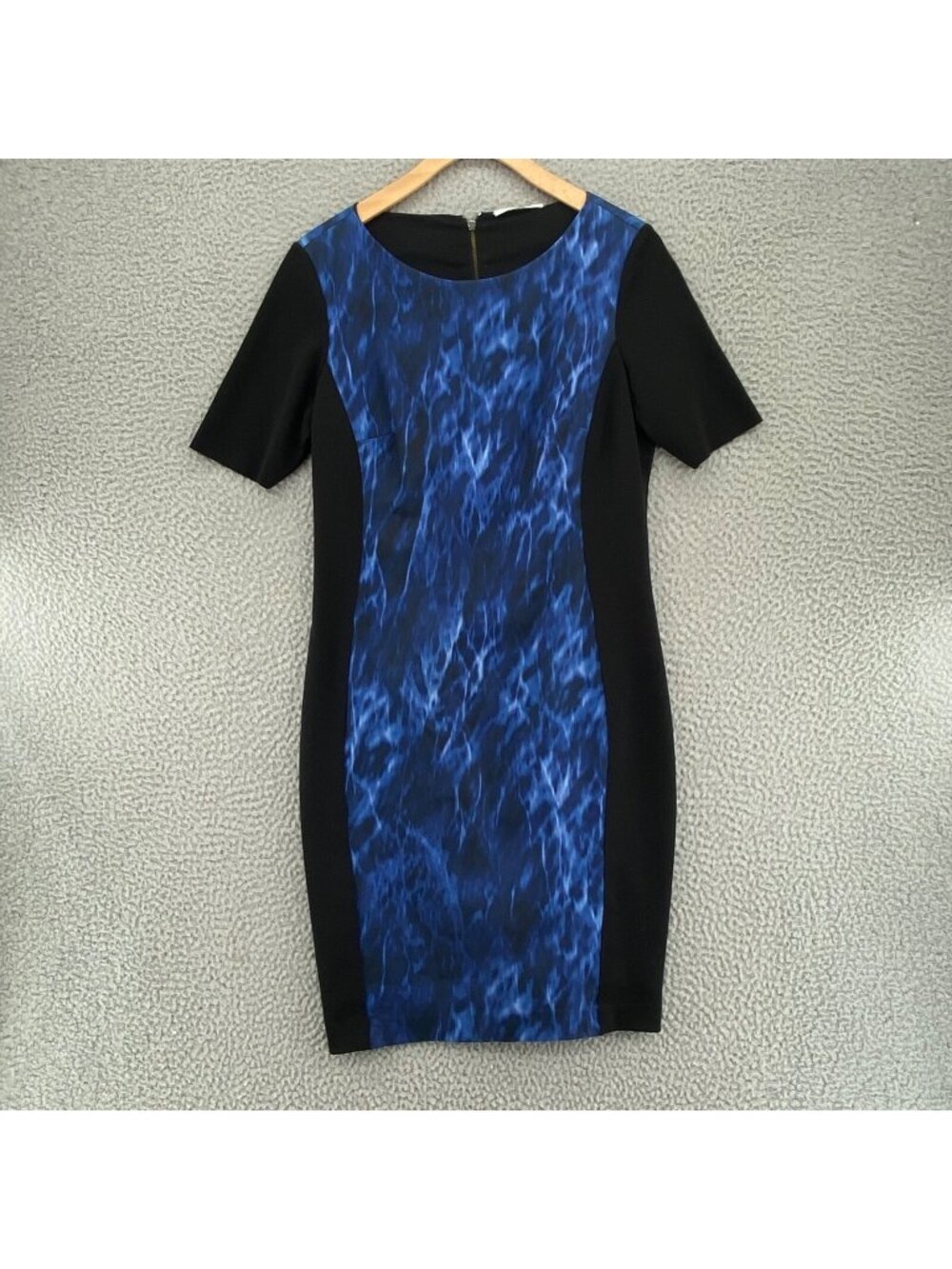 T Tahari Dress Womens 8 Blue Black Colorblock Sheath Short Sleeves Mini Stretch